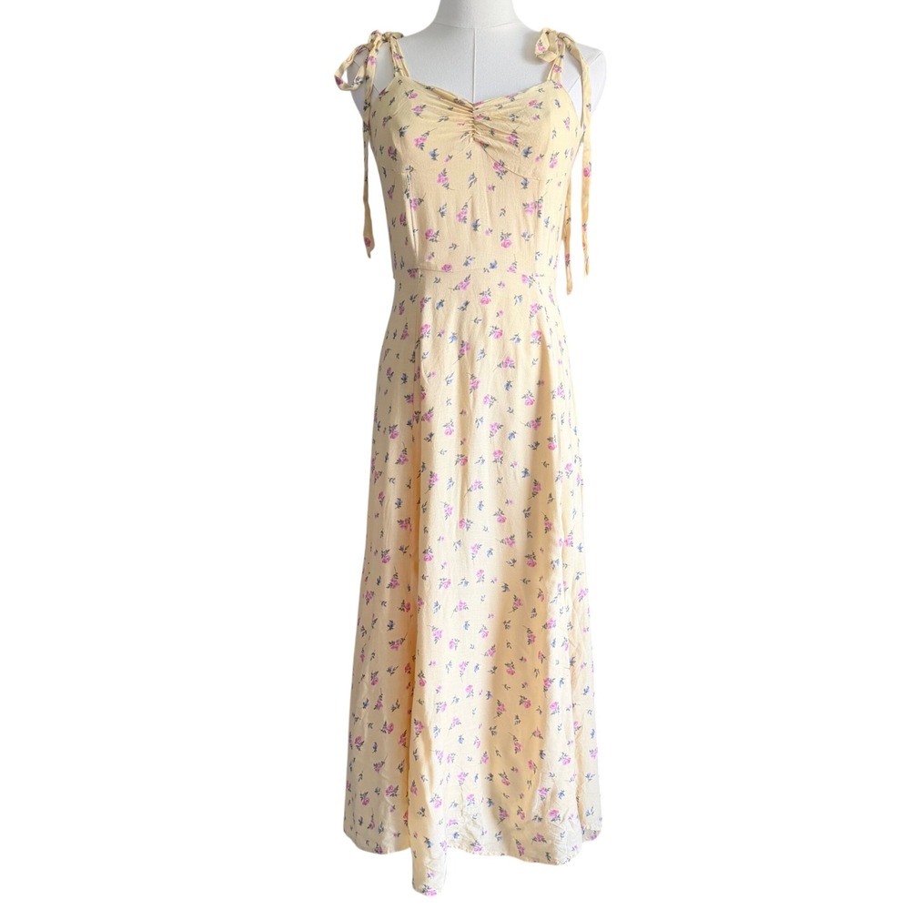 Romantic Yellow Floral Midi Dress Tie Shoulder Cottagecore Summer Slit Size XS